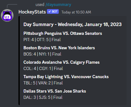 Day Summary command example